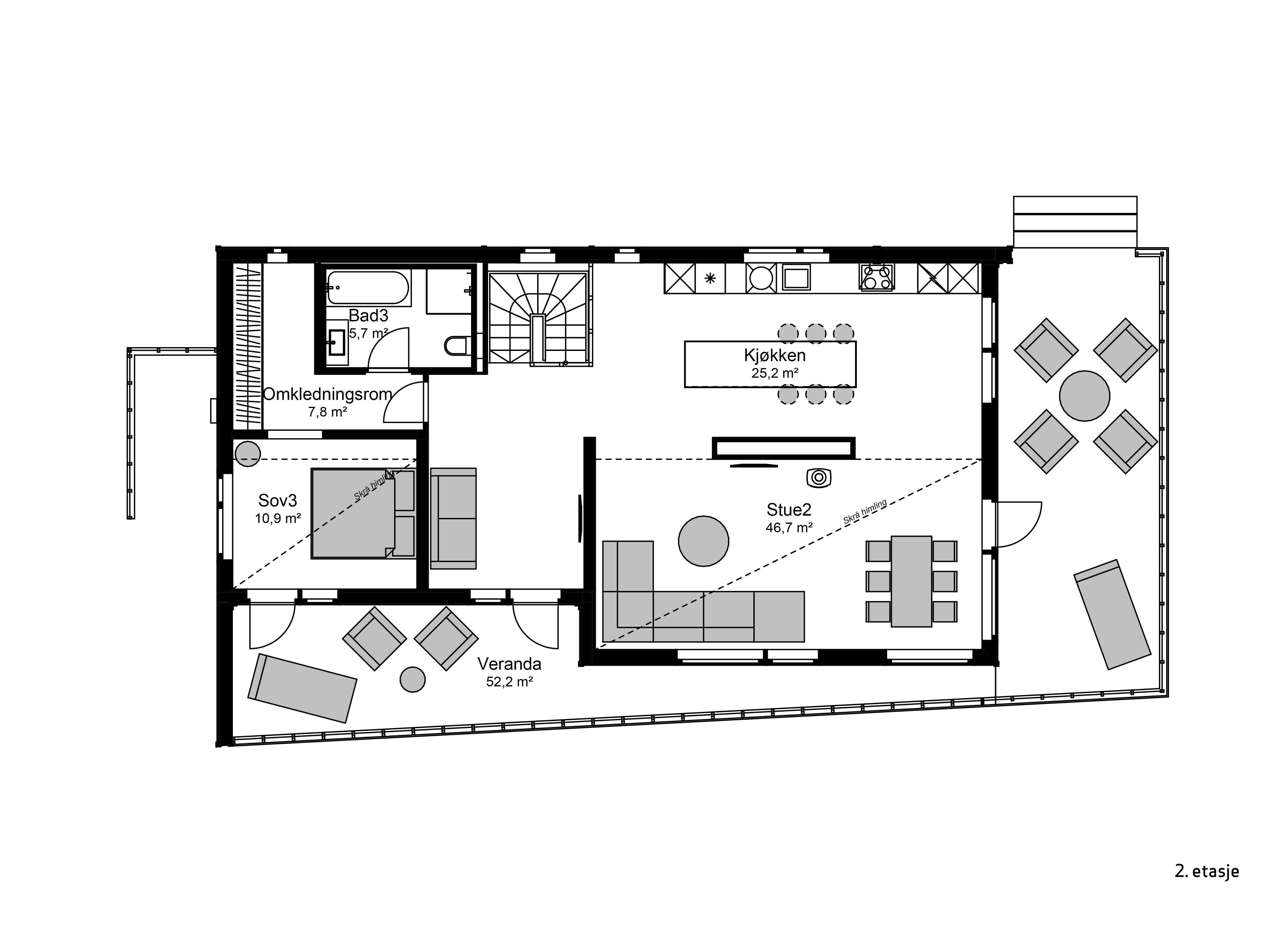 Møbleringsplan av 2.etasje i husmodellen Wide skrå