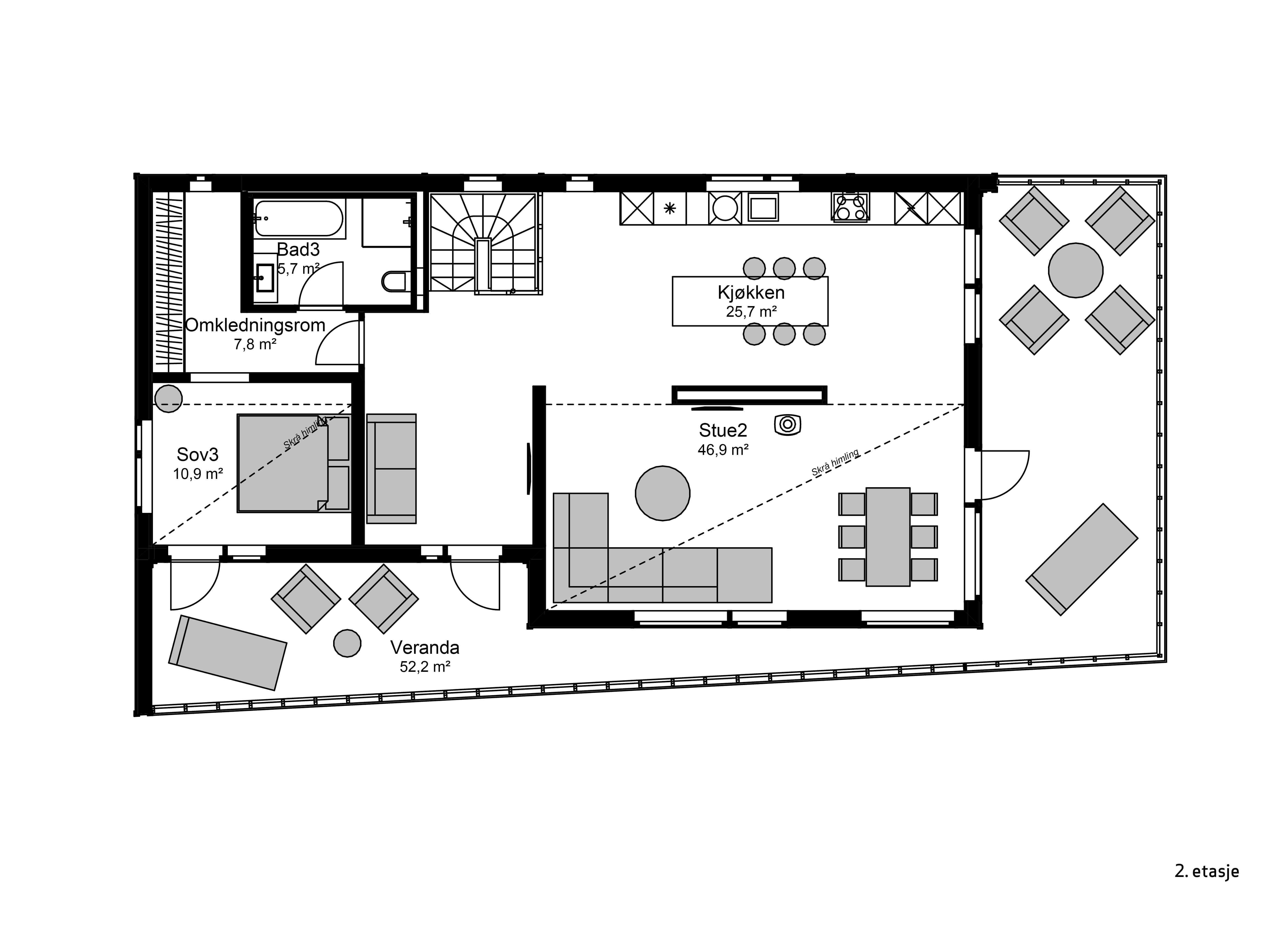 Møbleringsplan av 2.etasje i husmodellen Wide