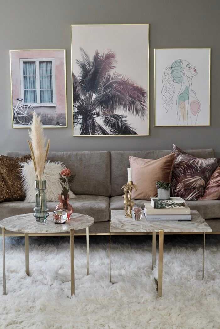 Stue i eklektisk stil fra husmodellen Noomi, stylet av Kristin Lindhjem